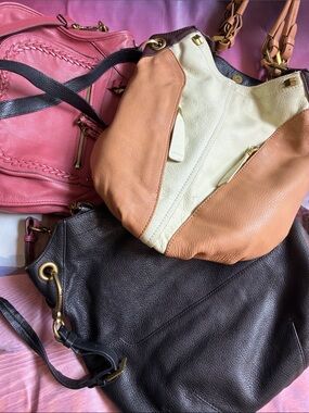 Lot of 3 orYANY Pink Leather Braided-Trim Shoulder Bag with Gold Hardware.